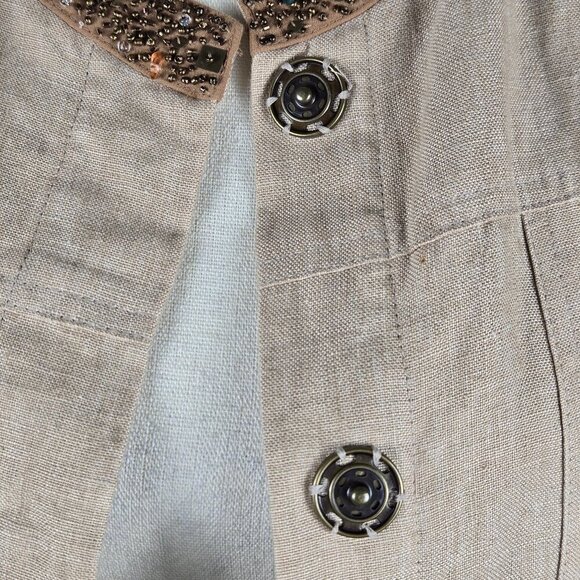 Carole Little Petite Size PXL Tan Linen Jacket Snap Front Beaded Detail Lined - Picture 9 of 12